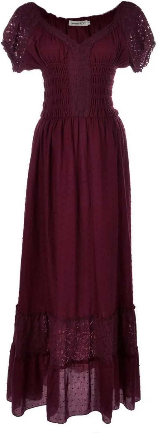 Anna-Kaci Renaissance Peasant Maiden Boho Inspired Cap Sleeve Lace Trim Maxi Dress
