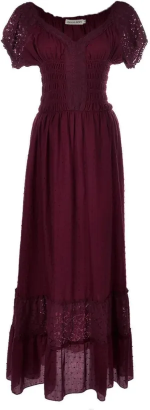 Anna-Kaci Renaissance Peasant Maiden Boho Inspired Cap Sleeve Lace Trim Maxi Dress