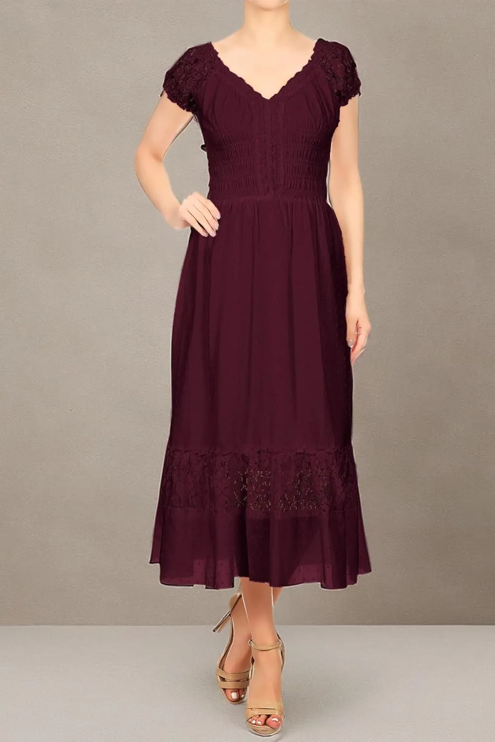Anna-Kaci Renaissance Peasant Maiden Boho Inspired Cap Sleeve Lace Trim Maxi Dress