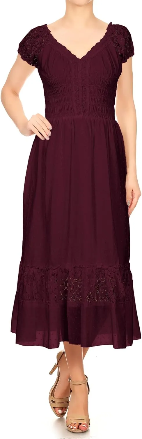 Anna-Kaci Renaissance Peasant Maiden Boho Inspired Cap Sleeve Lace Trim Maxi Dress