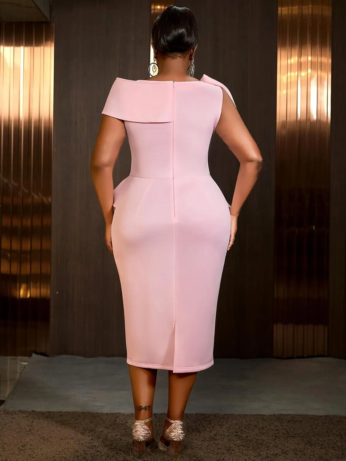 AOMEI Bodycon Peplum Midi Formal Dresses for Women Asymmetric Neck with Bow Sequin Sleeveless Birthday Party Dress