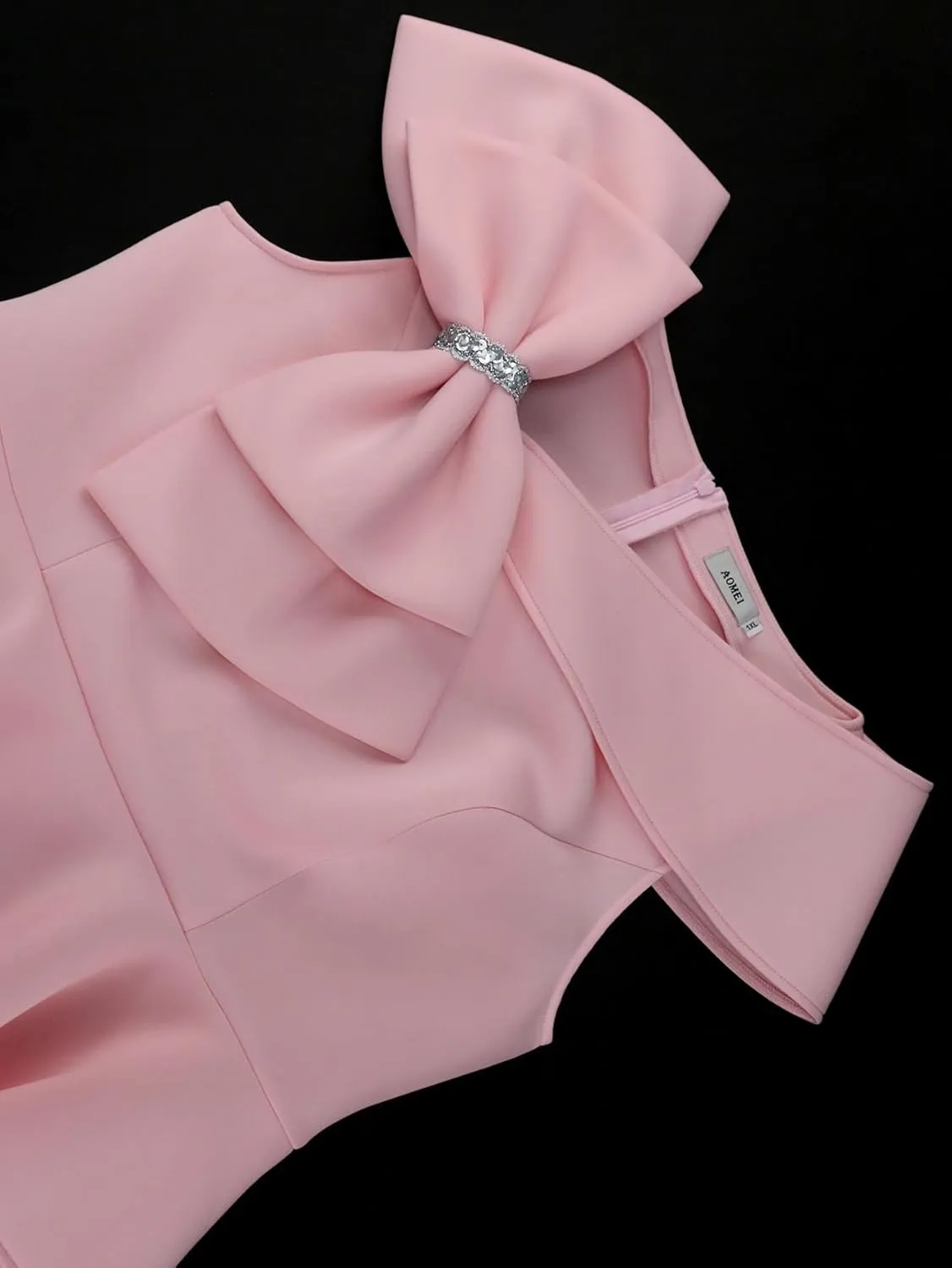 AOMEI Bodycon Peplum Midi Formal Dresses for Women Asymmetric Neck with Bow Sequin Sleeveless Birthday Party Dress
