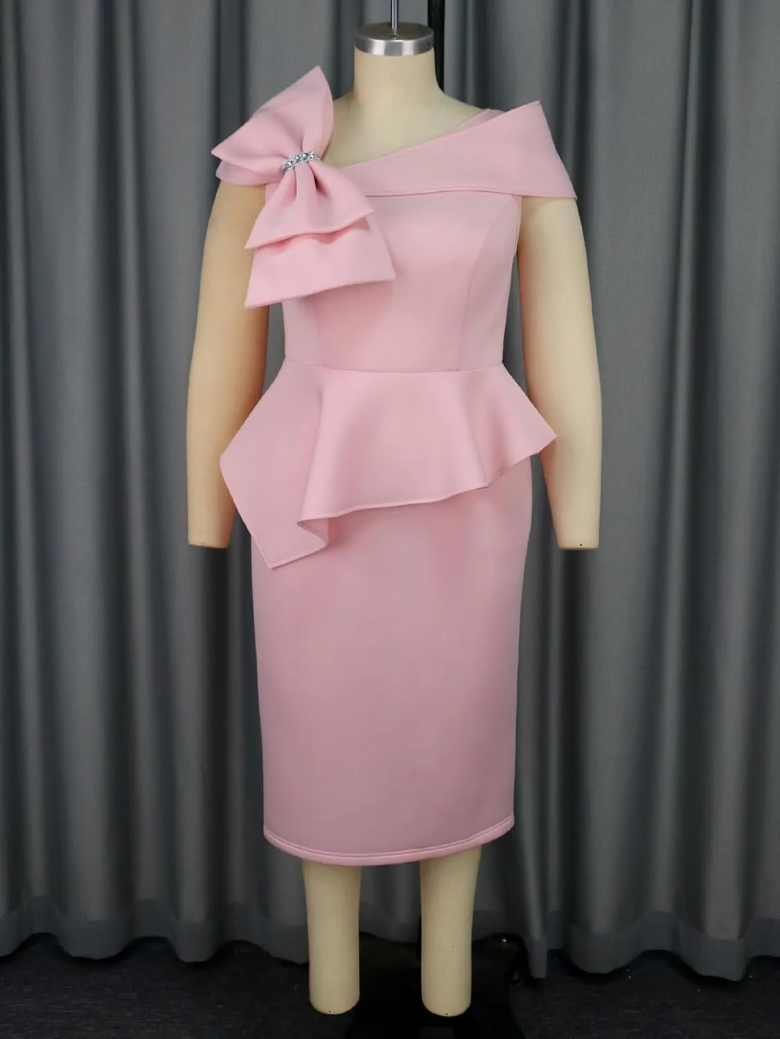 AOMEI Bodycon Peplum Midi Formal Dresses for Women Asymmetric Neck with Bow Sequin Sleeveless Birthday Party Dress