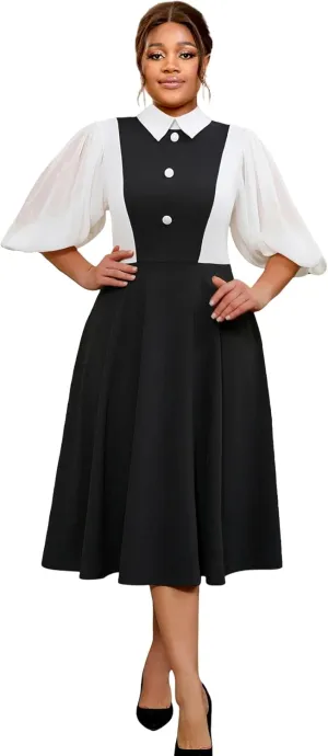 AOMEI Women's Vintage A Line Summer Midi Work Dress Colorblock 3/4 Puff Sleeve Peter Pan Collar Buttoned Office Dresses