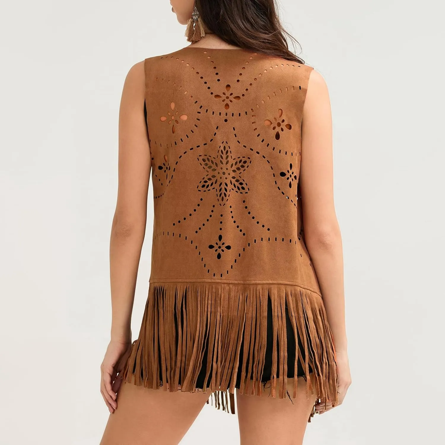 Aopwsrlyi Womens Tassel Fringe Vest Sleeveless Open Front Western Faux Suede Vest 70s Hippie Costume Cowgirl Jacket Outerwear