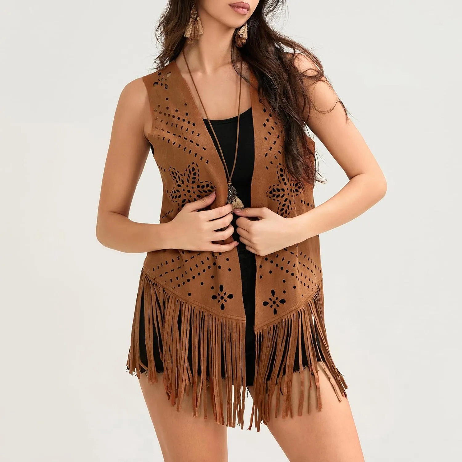 Aopwsrlyi Womens Tassel Fringe Vest Sleeveless Open Front Western Faux Suede Vest 70s Hippie Costume Cowgirl Jacket Outerwear