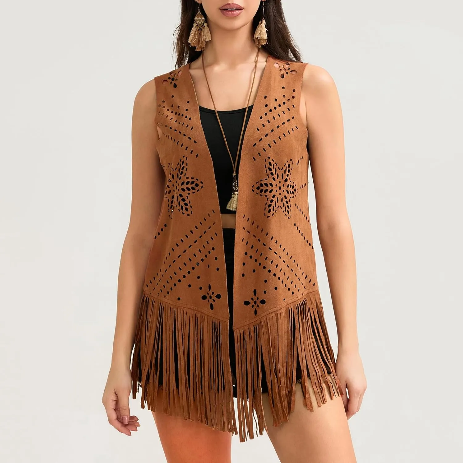 Aopwsrlyi Womens Tassel Fringe Vest Sleeveless Open Front Western Faux Suede Vest 70s Hippie Costume Cowgirl Jacket Outerwear