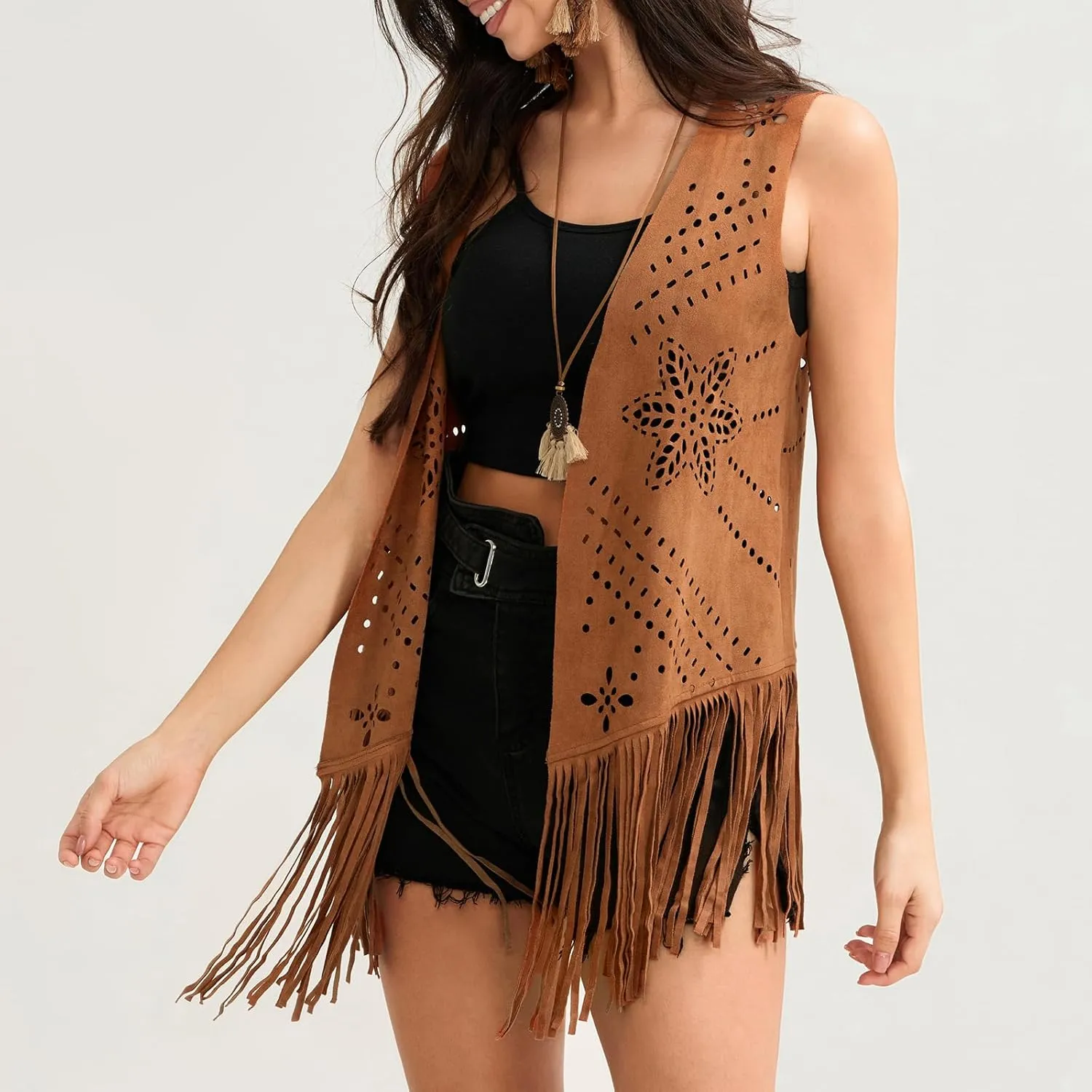 Aopwsrlyi Womens Tassel Fringe Vest Sleeveless Open Front Western Faux Suede Vest 70s Hippie Costume Cowgirl Jacket Outerwear