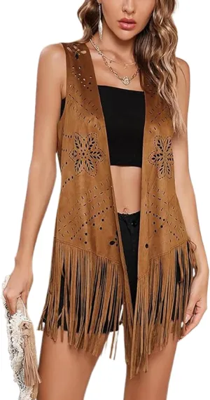 Aopwsrlyi Womens Tassel Fringe Vest Sleeveless Open Front Western Faux Suede Vest 70s Hippie Costume Cowgirl Jacket Outerwear