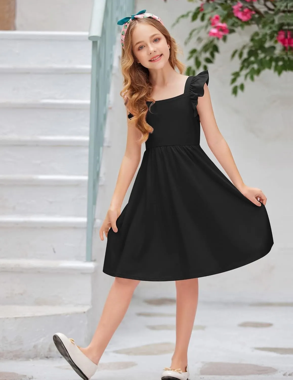 Arshiner Girls Summer Dresses Square Neck Ruffle Sleeve Tie Back A-Line Swing Casual Midi Dress with Pockets