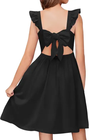 Arshiner Girls Summer Dresses Square Neck Ruffle Sleeve Tie Back A-Line Swing Casual Midi Dress with Pockets