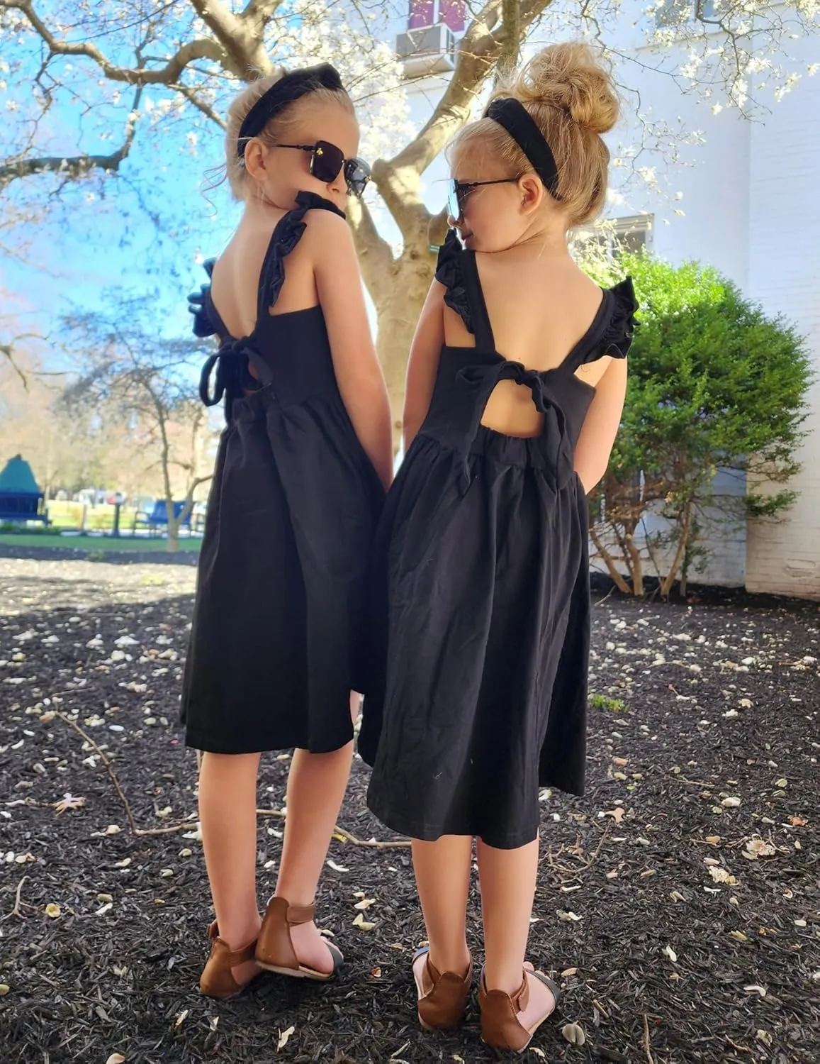 Arshiner Girls Summer Dresses Square Neck Ruffle Sleeve Tie Back A-Line Swing Casual Midi Dress with Pockets
