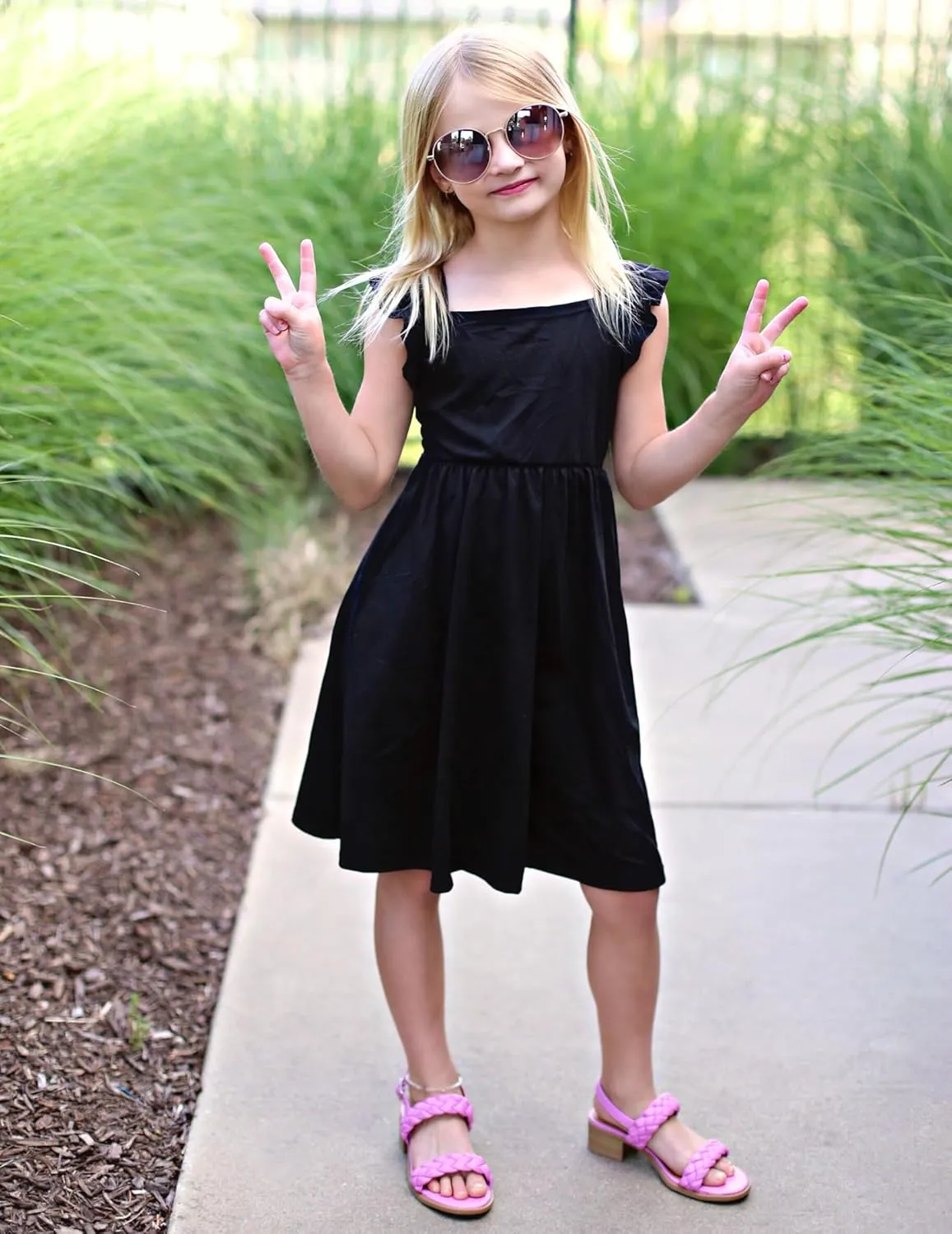 Arshiner Girls Summer Dresses Square Neck Ruffle Sleeve Tie Back A-Line Swing Casual Midi Dress with Pockets