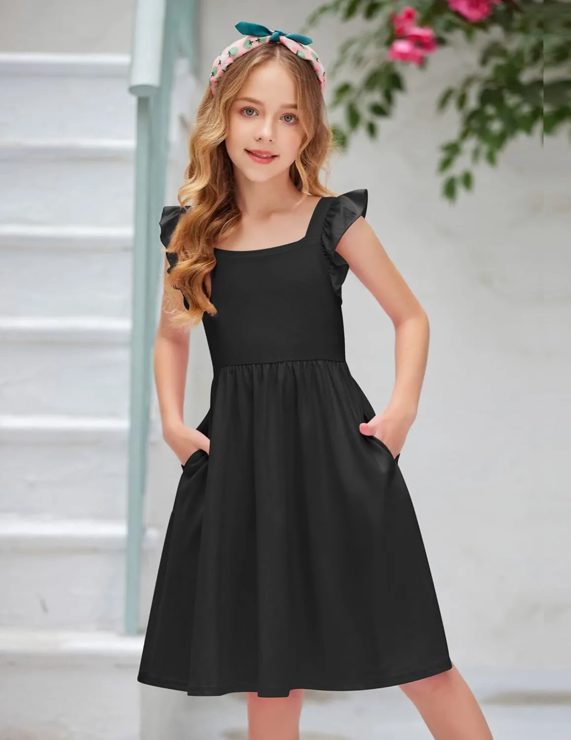 Arshiner Girls Summer Dresses Square Neck Ruffle Sleeve Tie Back A-Line Swing Casual Midi Dress with Pockets