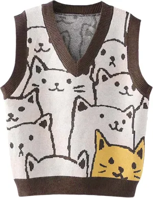 Arssm Womens Cat Print Pullover Sweater Vest V Neck Sleeveless Knit Vests 2024 Pullover Knitted Tank Top