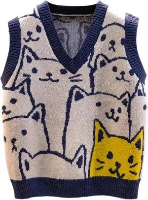 Arssm Womens Cat Print Pullover Sweater Vest V Neck Sleeveless Knit Vests 2024 Pullover Knitted Tank Top
