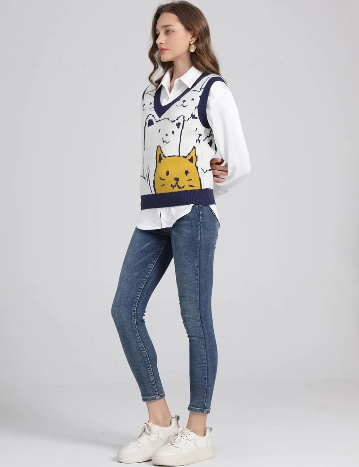 Arssm Womens Cat Print Pullover Sweater Vest V Neck Sleeveless Knit Vests 2024 Pullover Knitted Tank Top