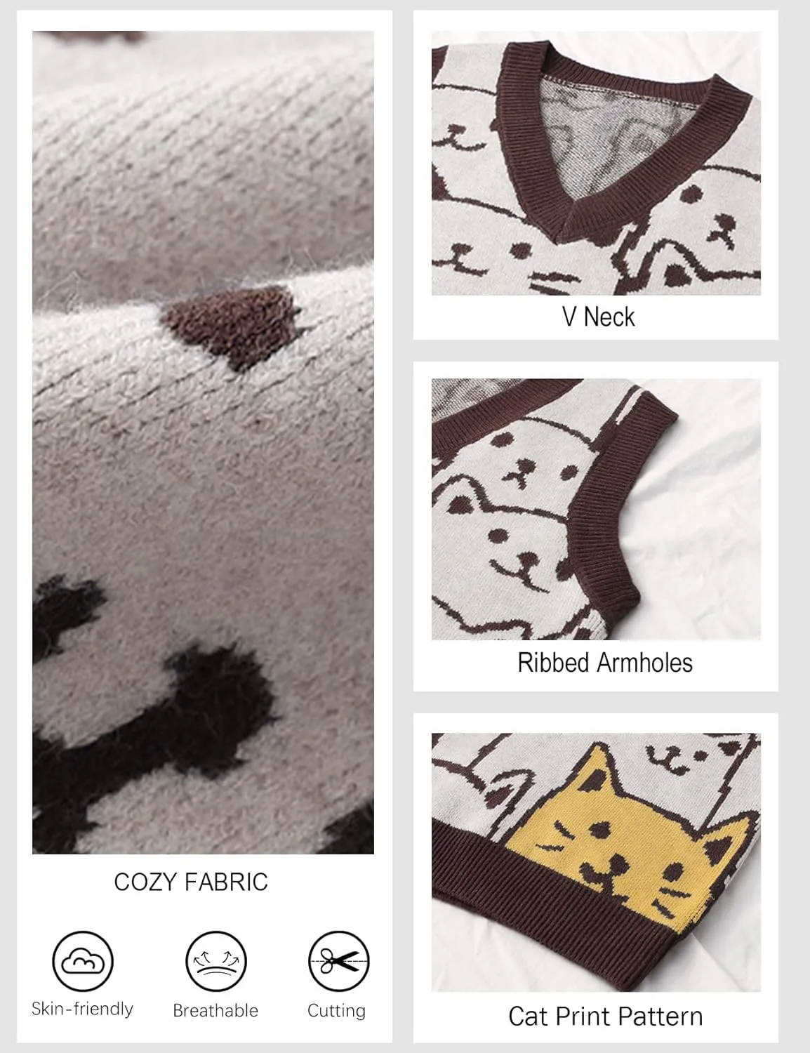 Arssm Womens Cat Print Pullover Sweater Vest V Neck Sleeveless Knit Vests 2024 Pullover Knitted Tank Top