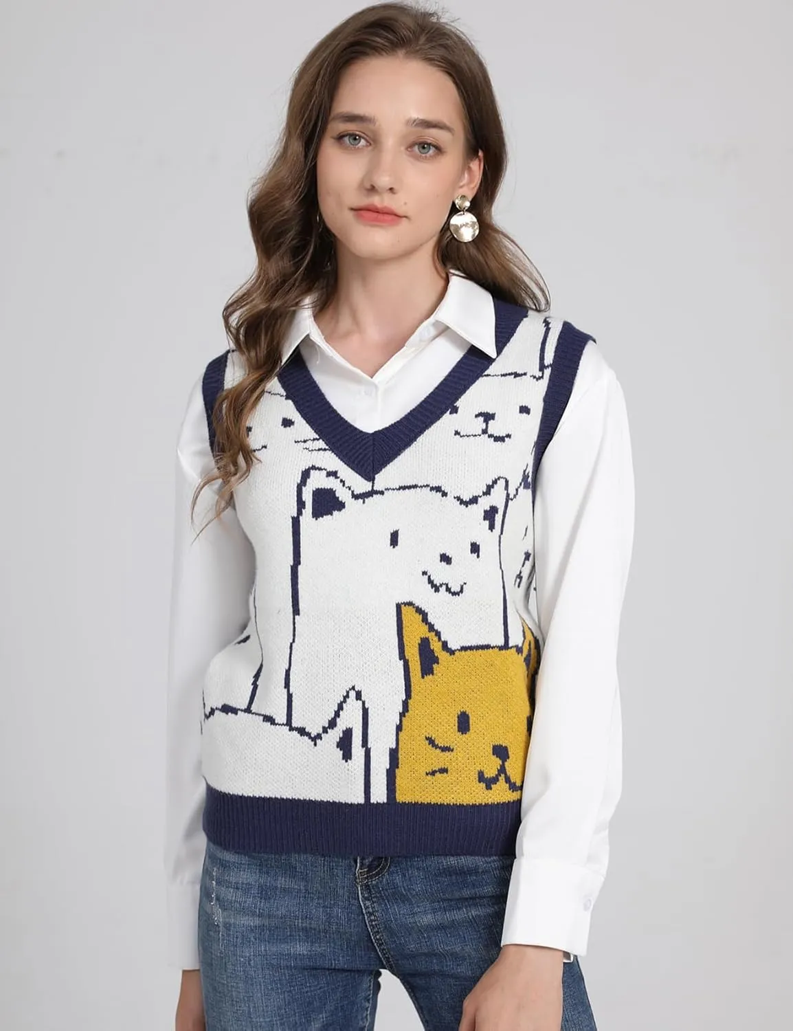 Arssm Womens Cat Print Pullover Sweater Vest V Neck Sleeveless Knit Vests 2024 Pullover Knitted Tank Top