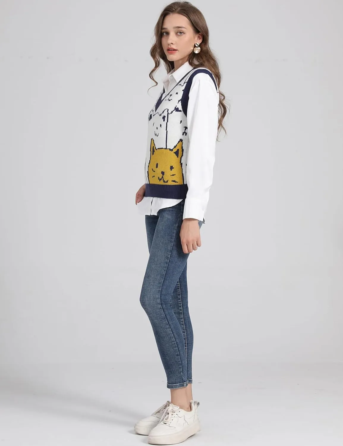 Arssm Womens Cat Print Pullover Sweater Vest V Neck Sleeveless Knit Vests 2024 Pullover Knitted Tank Top