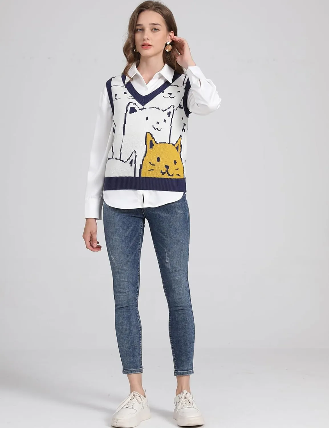 Arssm Womens Cat Print Pullover Sweater Vest V Neck Sleeveless Knit Vests 2024 Pullover Knitted Tank Top
