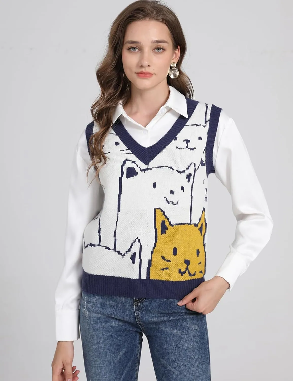 Arssm Womens Cat Print Pullover Sweater Vest V Neck Sleeveless Knit Vests 2024 Pullover Knitted Tank Top