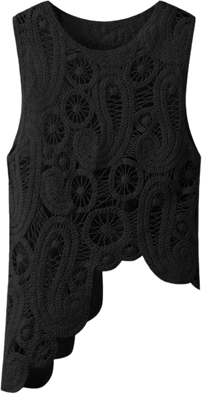 Arssm Womens Hollow Out Floral Lace Vest Crewneck See Through Tank Top Loose Fit Summer Crochet Cover Up