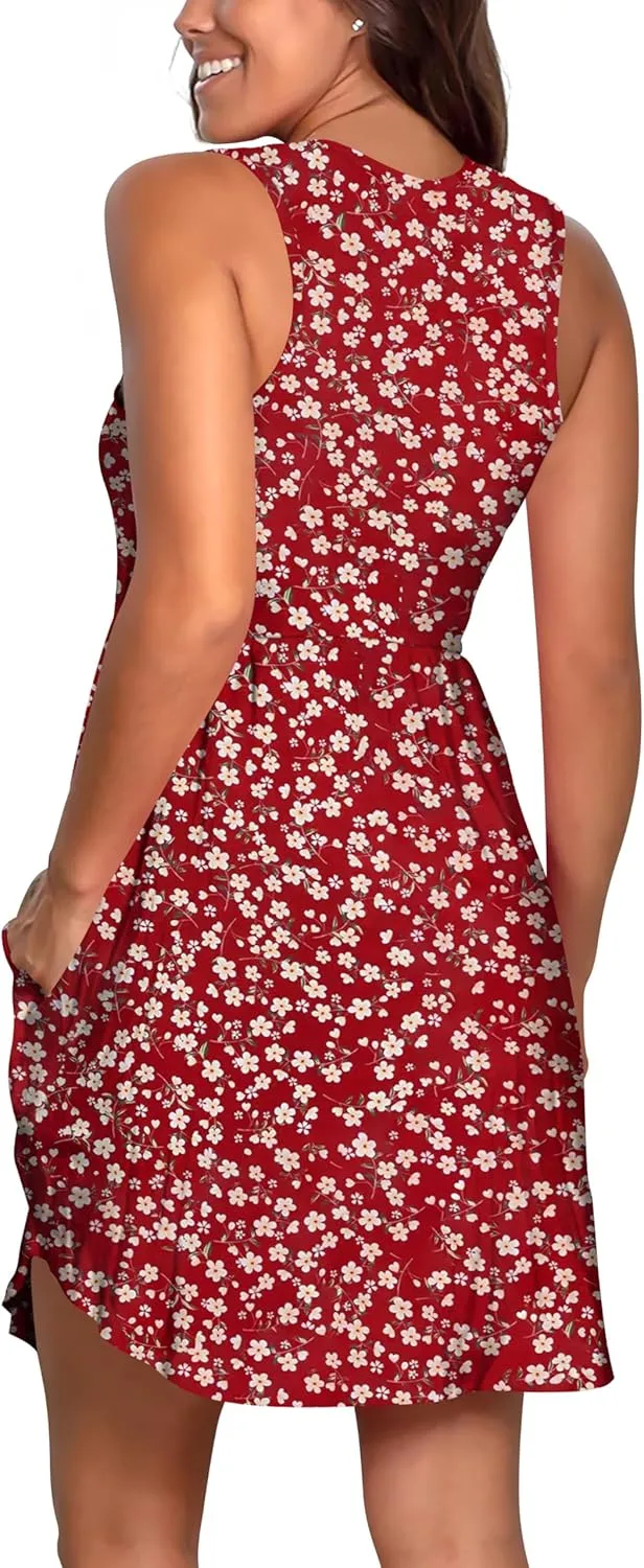 Atizon Casual Summer T Shirt Dress for Women V Neck Swing Elastic Tunic Short Sundress with Pockets