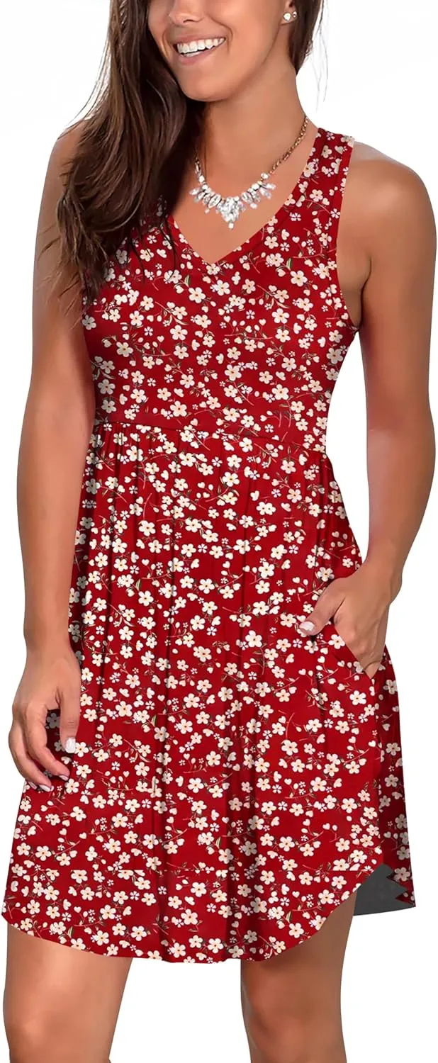 Atizon Casual Summer T Shirt Dress for Women V Neck Swing Elastic Tunic Short Sundress with Pockets