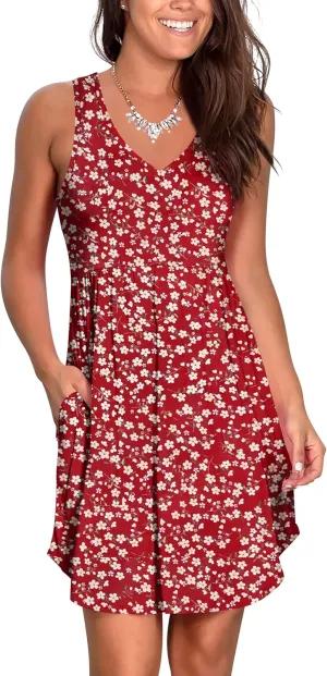 Atizon Casual Summer T Shirt Dress for Women V Neck Swing Elastic Tunic Short Sundress with Pockets