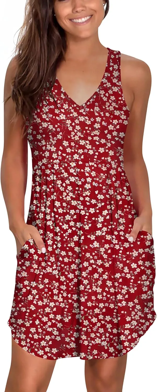Atizon Casual Summer T Shirt Dress for Women V Neck Swing Elastic Tunic Short Sundress with Pockets