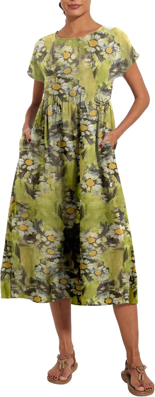 Baggy Crew Neck Dress for Women Summer Casual Comfy Cotton Short Sleeve Tunic Beach Maxi Dresses with Pockets