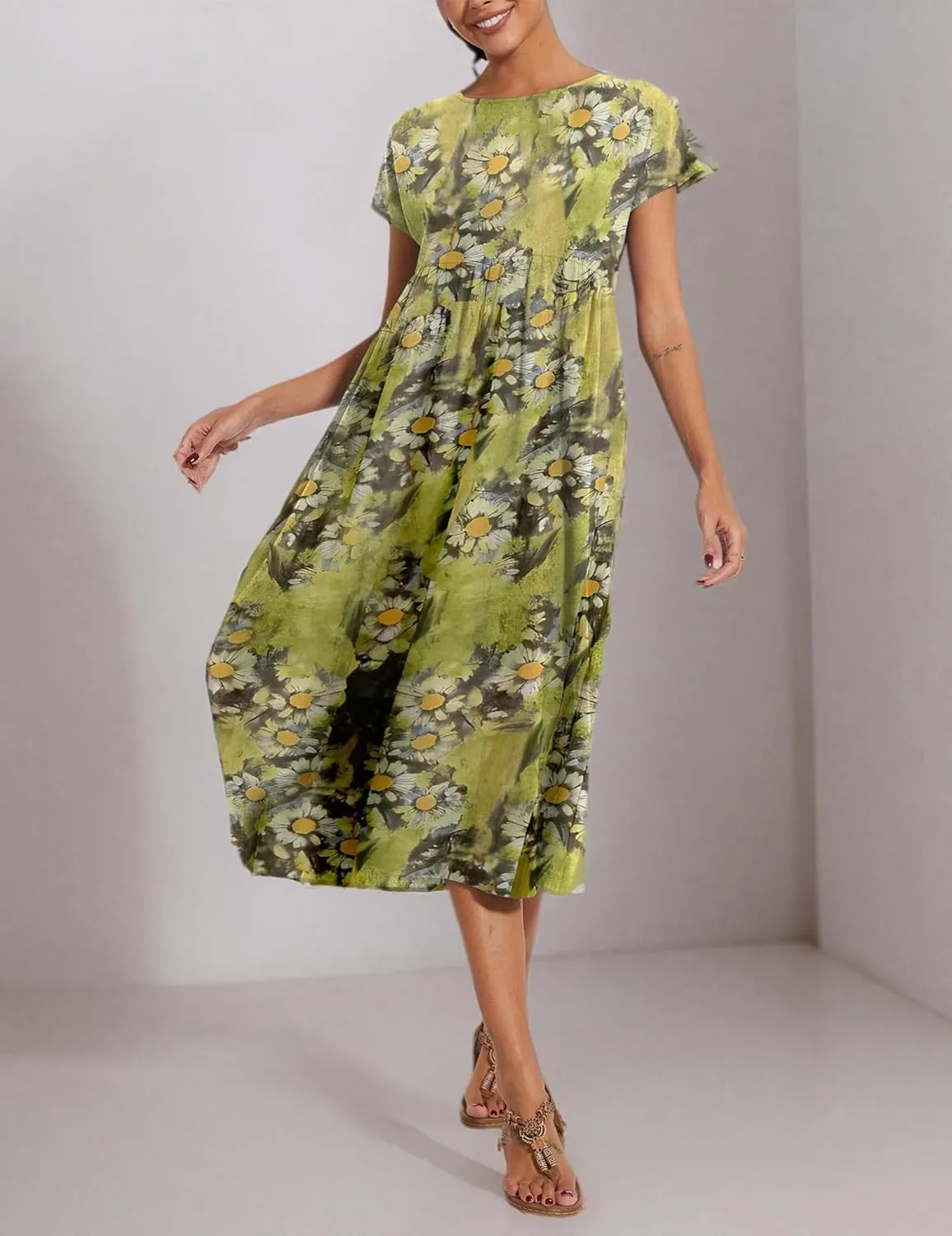 Baggy Crew Neck Dress for Women Summer Casual Comfy Cotton Short Sleeve Tunic Beach Maxi Dresses with Pockets