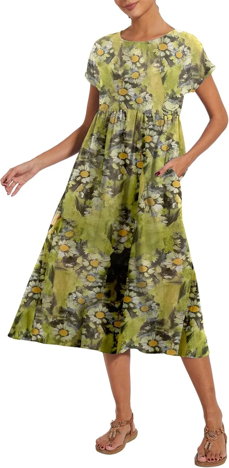 Baggy Crew Neck Dress for Women Summer Casual Comfy Cotton Short Sleeve Tunic Beach Maxi Dresses with Pockets