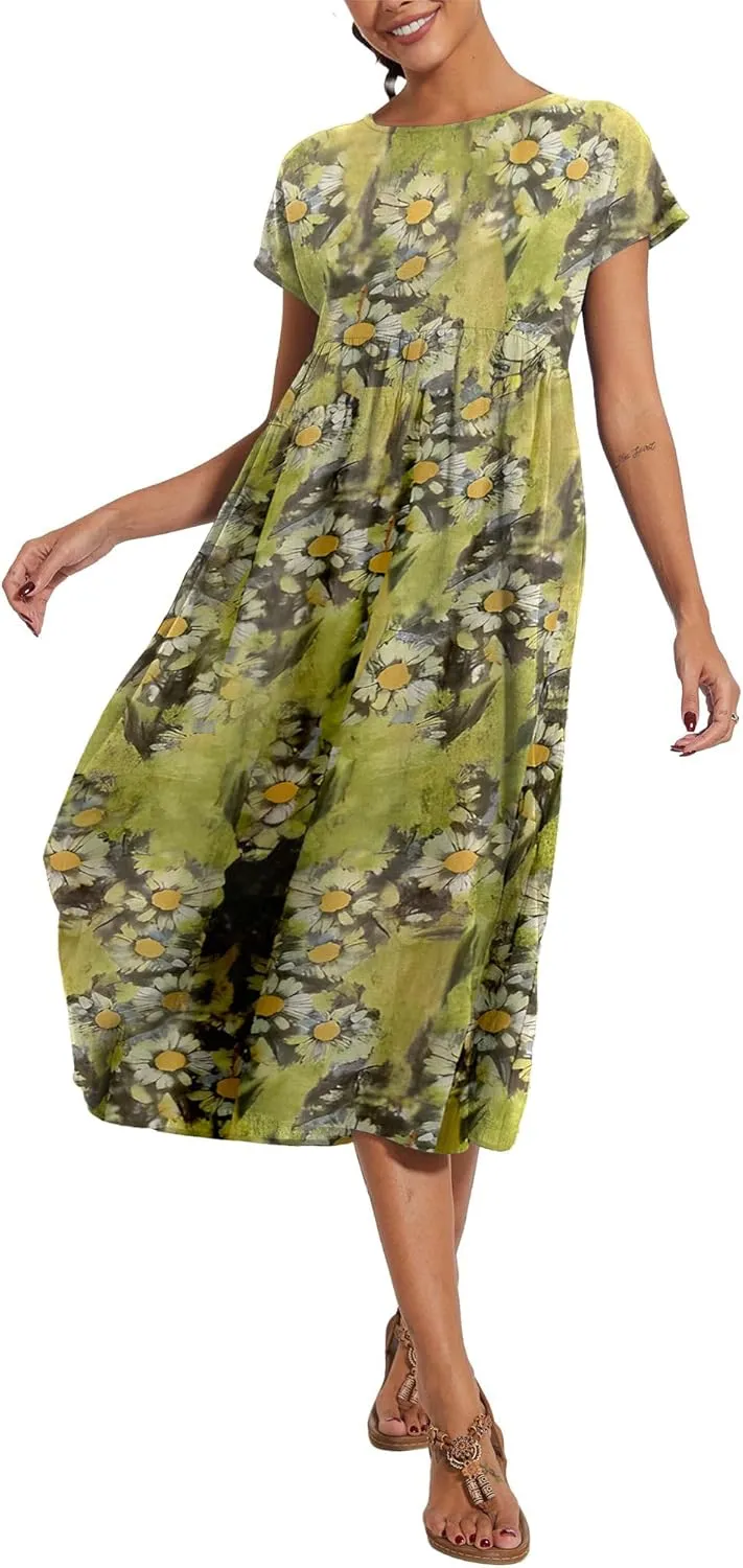 Baggy Crew Neck Dress for Women Summer Casual Comfy Cotton Short Sleeve Tunic Beach Maxi Dresses with Pockets