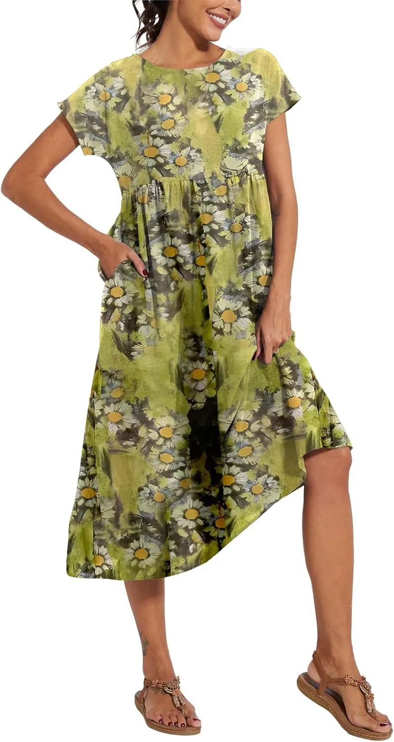 Baggy Crew Neck Dress for Women Summer Casual Comfy Cotton Short Sleeve Tunic Beach Maxi Dresses with Pockets