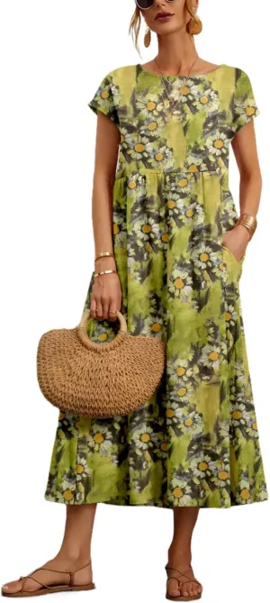 Baggy Crew Neck Dress for Women Summer Casual Comfy Cotton Short Sleeve Tunic Beach Maxi Dresses with Pockets