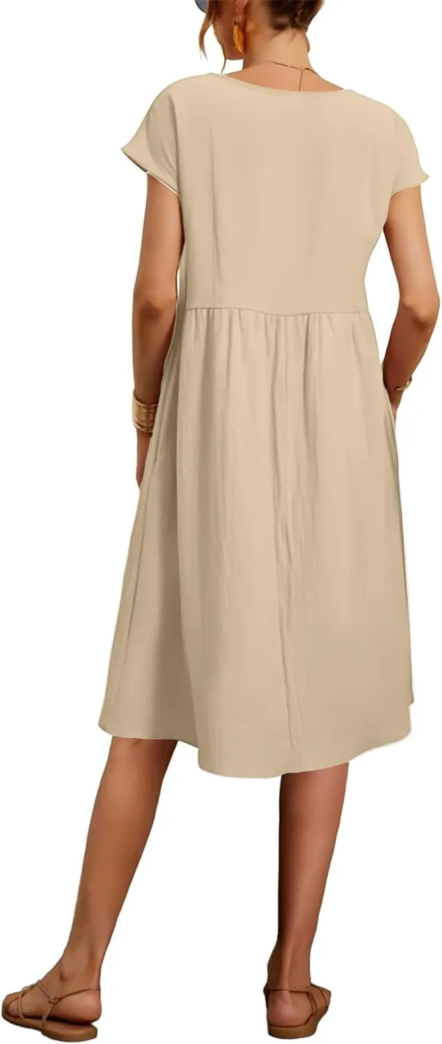 Baggy Crew Neck Dress for Women Summer Casual Comfy Cotton Short Sleeve Tunic Beach Midi Dresses with Pockets