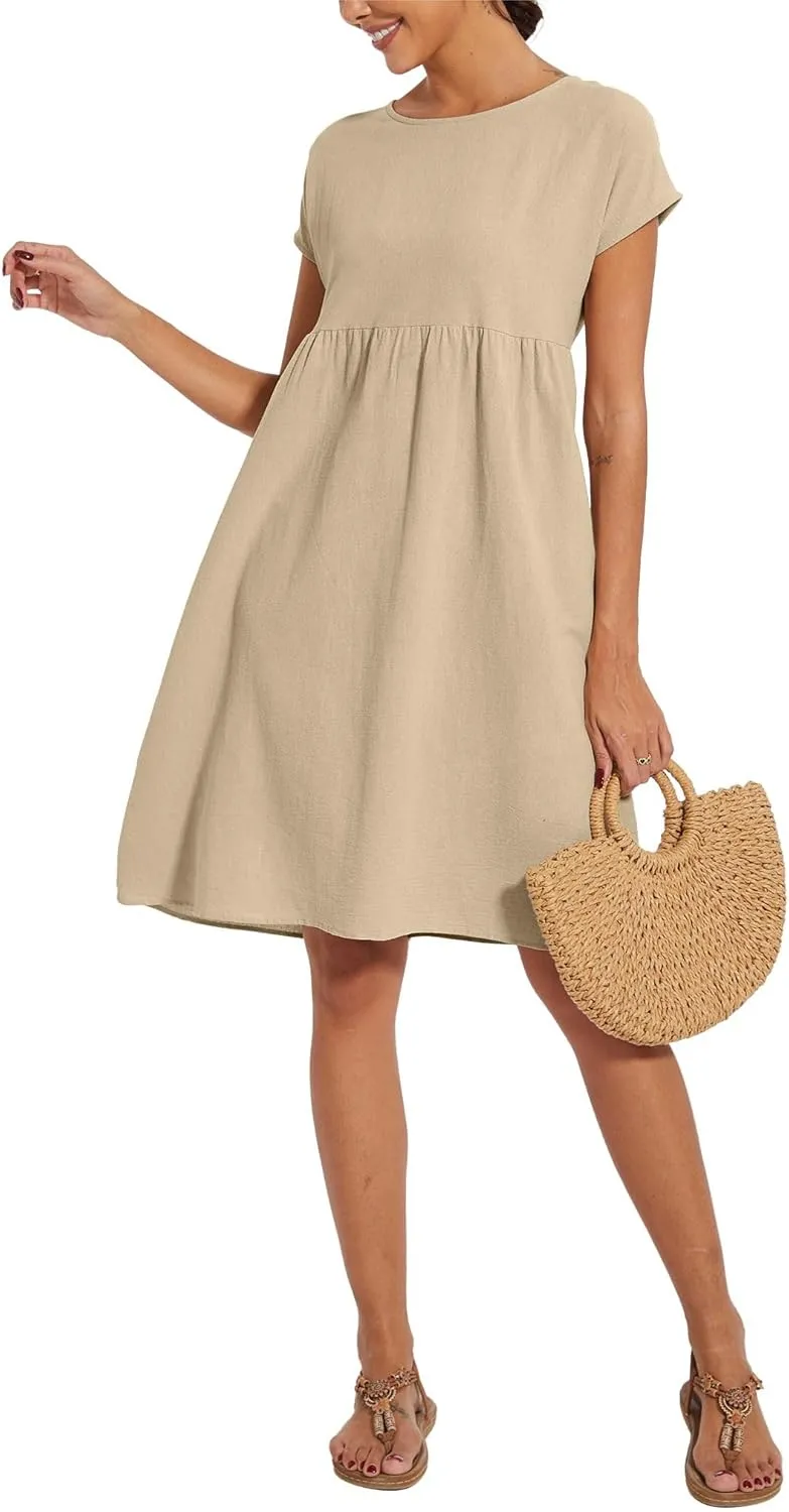 Baggy Crew Neck Dress for Women Summer Casual Comfy Cotton Short Sleeve Tunic Beach Midi Dresses with Pockets