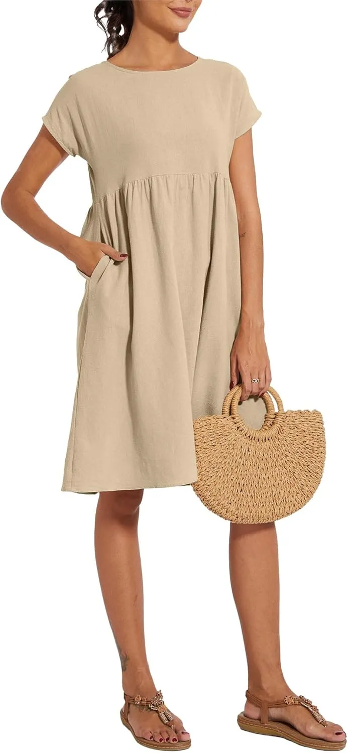 Baggy Crew Neck Dress for Women Summer Casual Comfy Cotton Short Sleeve Tunic Beach Midi Dresses with Pockets