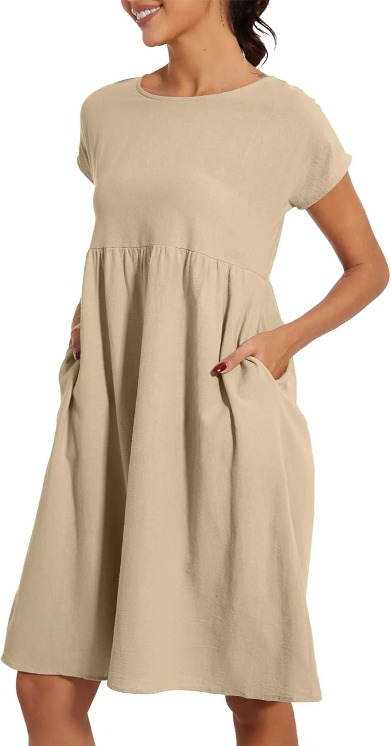Baggy Crew Neck Dress for Women Summer Casual Comfy Cotton Short Sleeve Tunic Beach Midi Dresses with Pockets