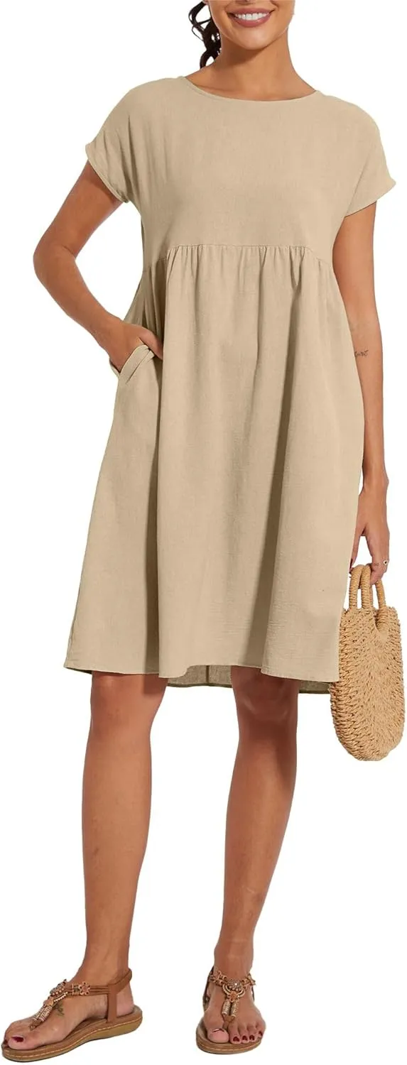 Baggy Crew Neck Dress for Women Summer Casual Comfy Cotton Short Sleeve Tunic Beach Midi Dresses with Pockets