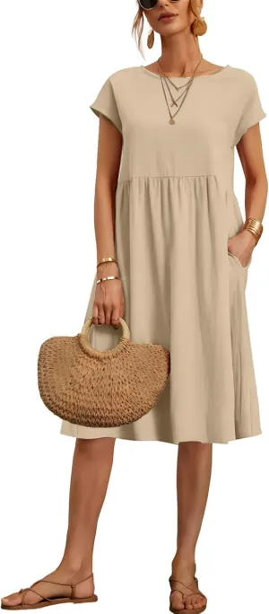 Baggy Crew Neck Dress for Women Summer Casual Comfy Cotton Short Sleeve Tunic Beach Midi Dresses with Pockets