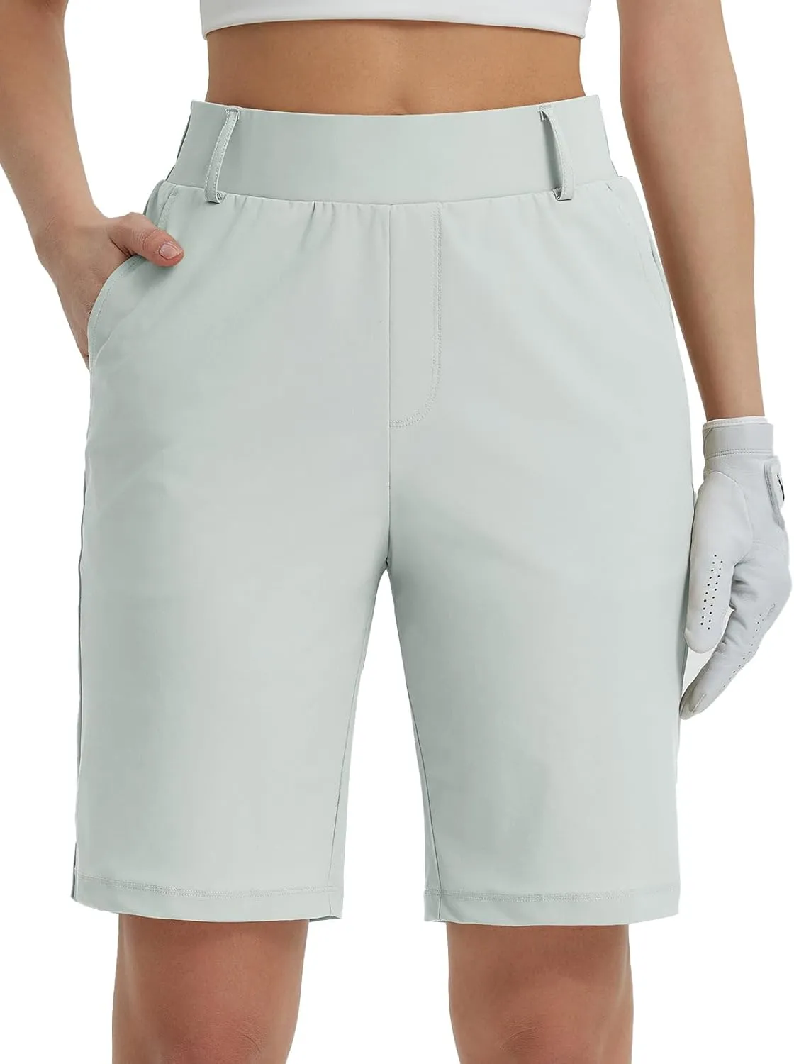 BALEAF Women's Golf Shorts 9'' Knee Length Stretch Bermuda Long Shorts Belt Loops Pockets Casual Work UPF 50 