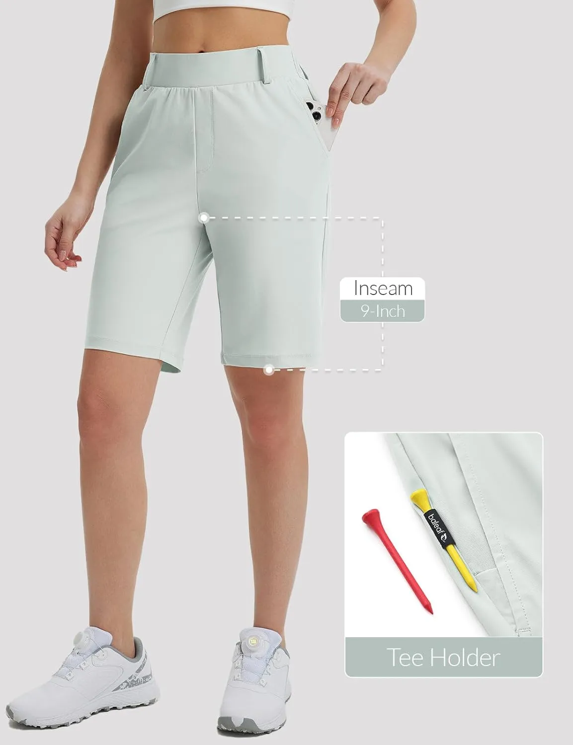 BALEAF Women's Golf Shorts 9'' Knee Length Stretch Bermuda Long Shorts Belt Loops Pockets Casual Work UPF 50 