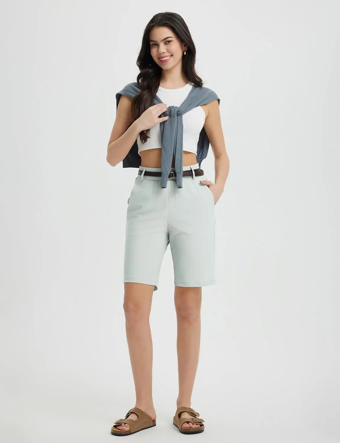 BALEAF Women's Golf Shorts 9'' Knee Length Stretch Bermuda Long Shorts Belt Loops Pockets Casual Work UPF 50 