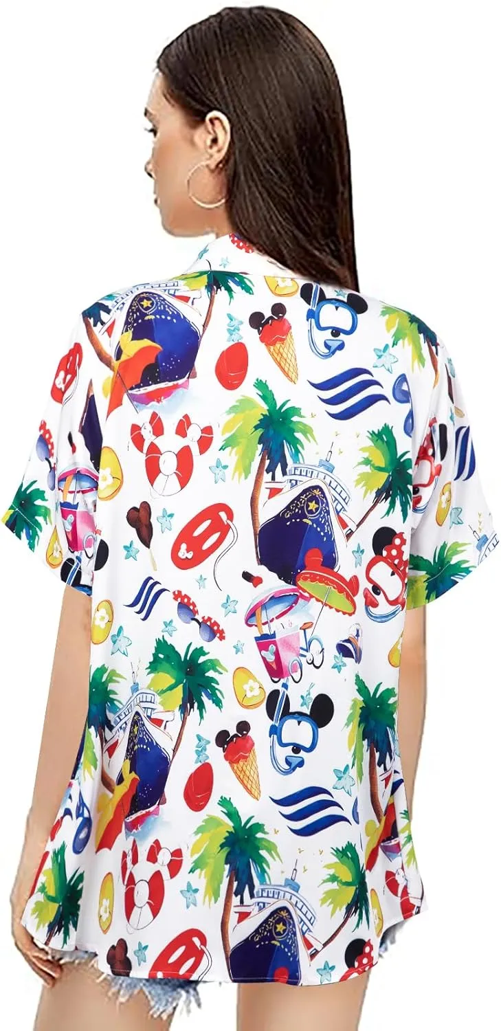 BANGELY Magic Shirt Women Magical Kingdom T-Shirt Funny Graphic Hawaiian Button Down Shirts Family Vacation Short Sleeve Tops