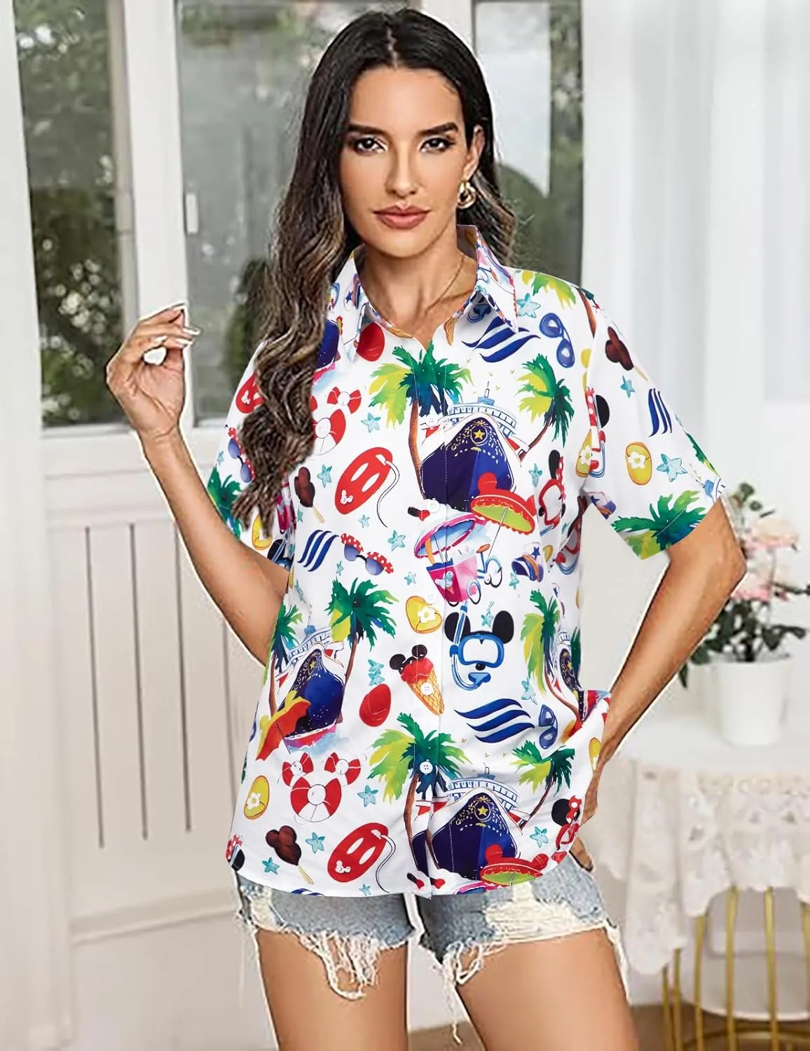 BANGELY Magic Shirt Women Magical Kingdom T-Shirt Funny Graphic Hawaiian Button Down Shirts Family Vacation Short Sleeve Tops
