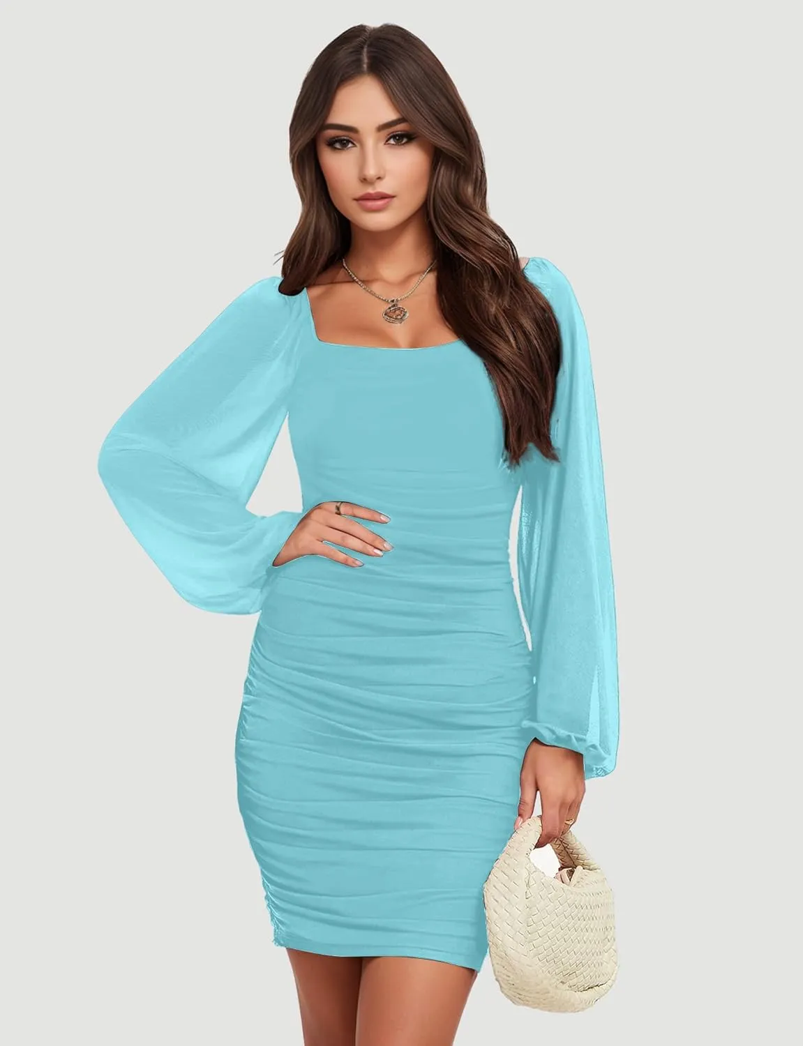 Bauty Women's Mesh Long Sleeve Square Neck Ruched Party Club Cocktail Bodycon Short Tight Mini Dress Sexy Banquet Dress