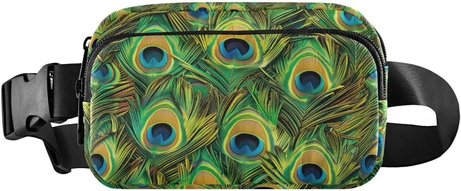 Beautiful Peacock Feathers Fanny Pack for Women Men Belt Bag with Adjustable Strap Crossbody Waist Pouch Fashion Sling Bag for Travel